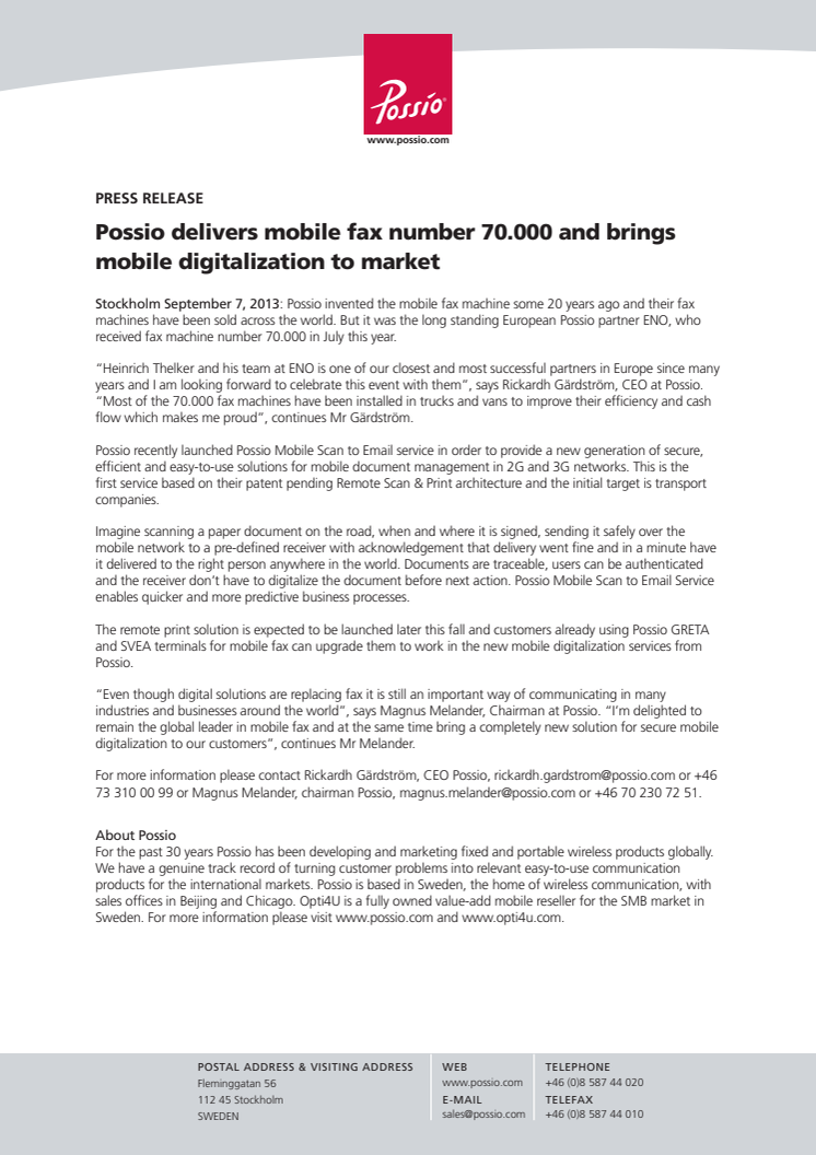 Possio delivers mobile fax number 70.000 and brings mobile digitalization to market