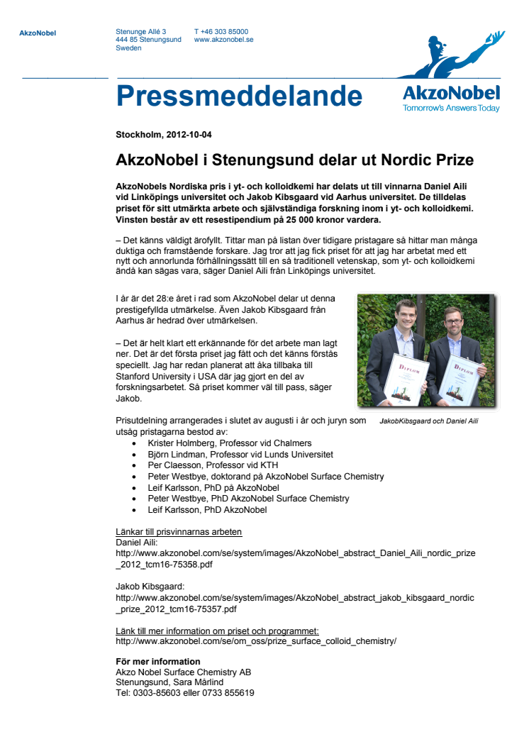 AkzoNobel i Stenungsund delar ut Nordic Prize