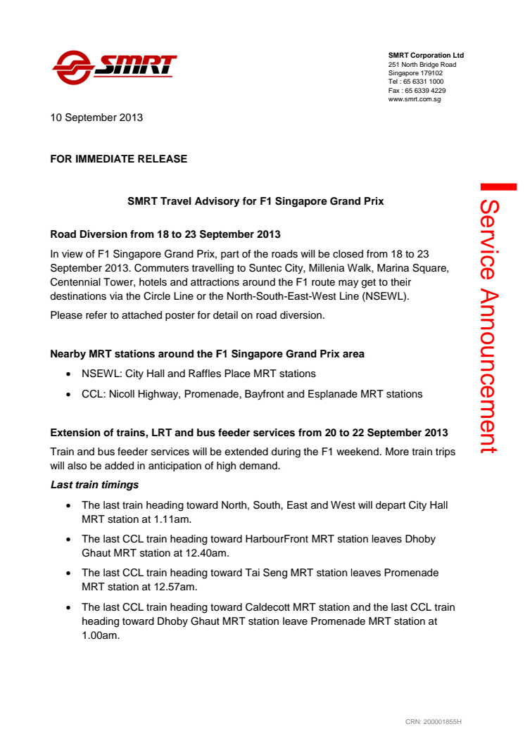 SMRT Travel Advisory for F1 Singapore Grand Prix