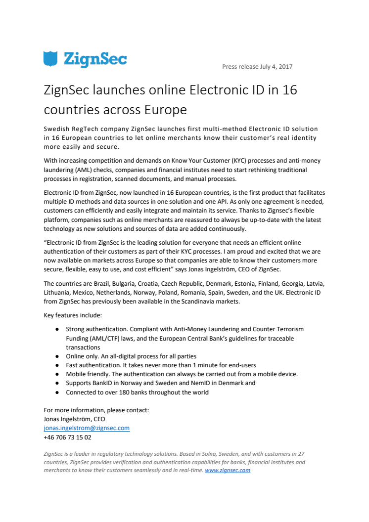 Swedish ZignSec launches online Electronic ID in 16 countries across Europe