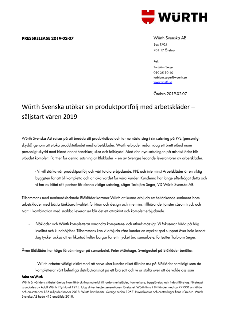 Würth Svenska utökar sin produktportfölj med arbetskläder – säljstart våren 2019