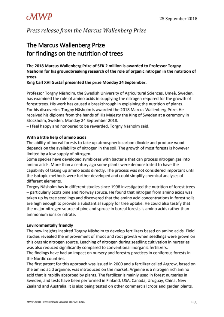 The Marcus Wallenberg Prize  for findings on the nutrition of trees