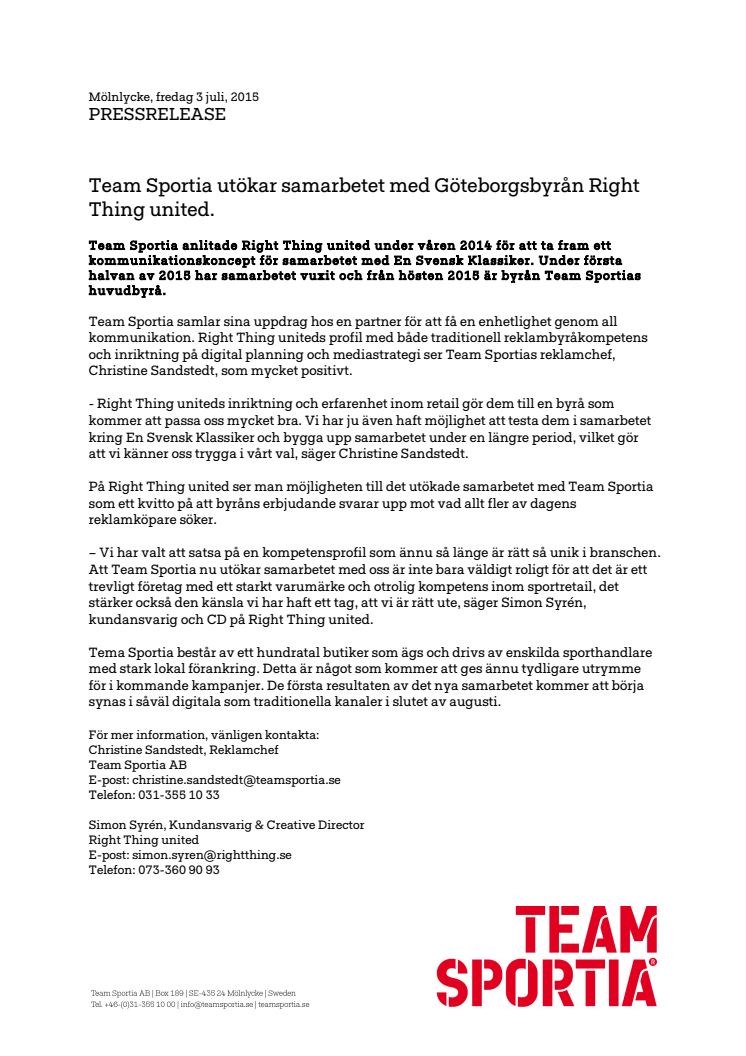 Team Sportia utökar samarbetet med Göteborgsbyrån Right Thing united