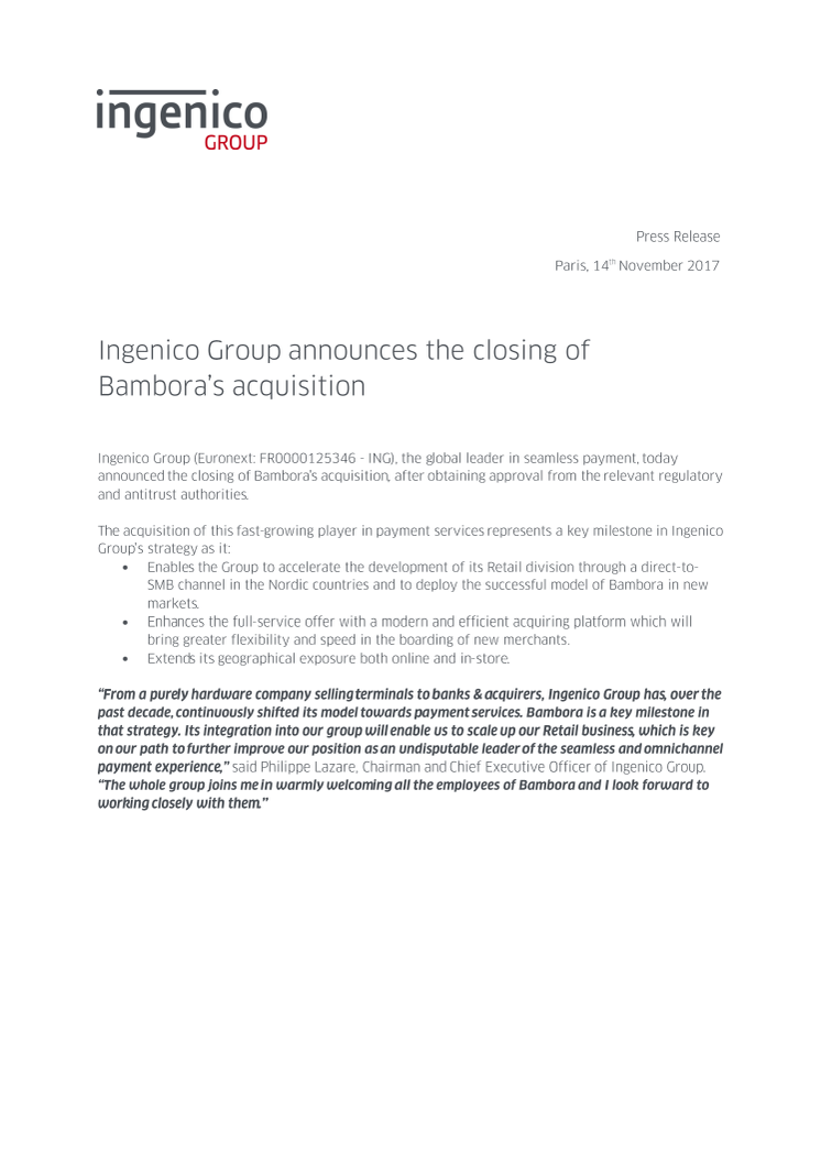 Ingenico Group announces the closing of Bambora’s acquisition
