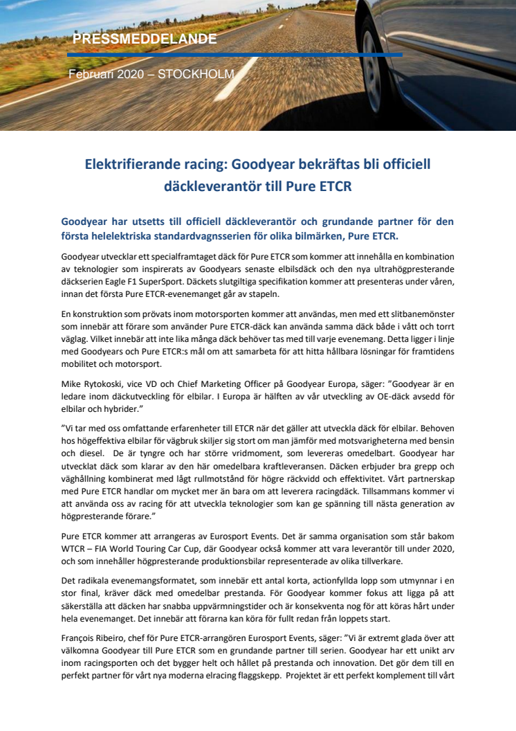 Elektrifierande racing: Goodyear bekräftas bli officiell däckleverantör till Pure ETCR