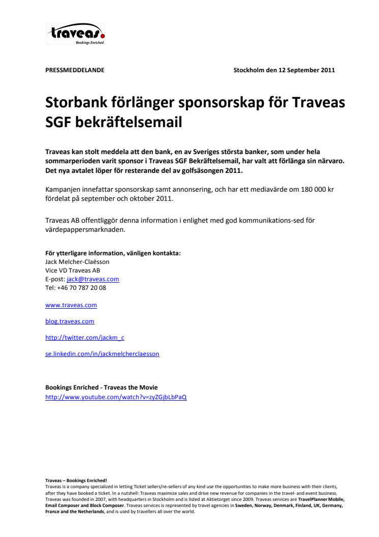 Storbank förlänger sponsorskap för Traveas SGF bekräftelsemail  