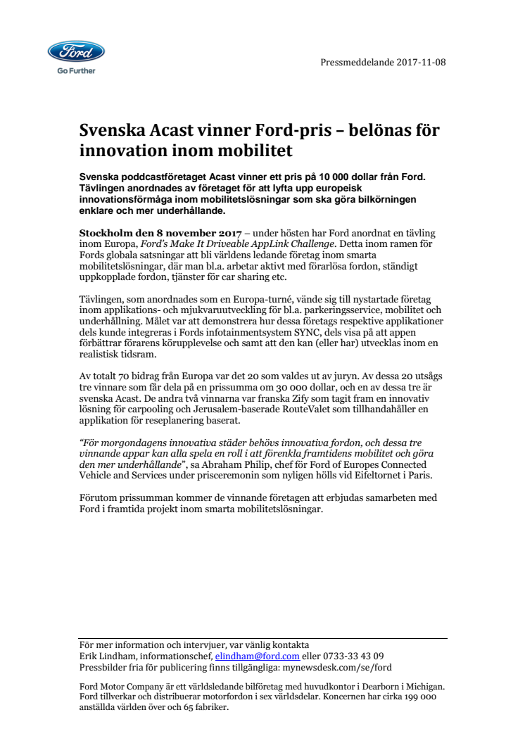 Svenska Acast vinner Ford-pris – belönas för innovation inom mobilitet