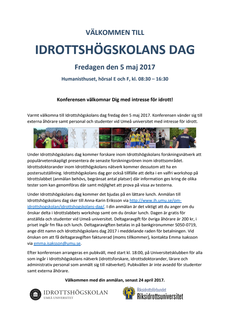 Späckat program på Idrottshögskolans dag 5 maj i Umeå