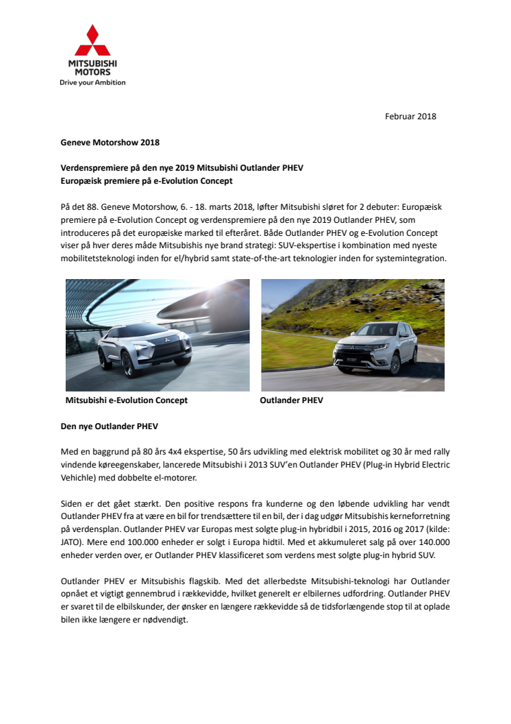 Mitsubishi løfter sløret for 2 debuter på Geneve Motorshow 2018