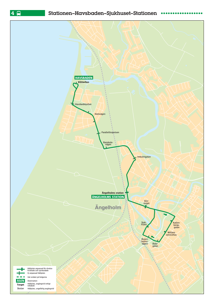 Stadsbuss linje 4 i Ängelholm, karta och tidtabell, gäller från 13 augusti 2017