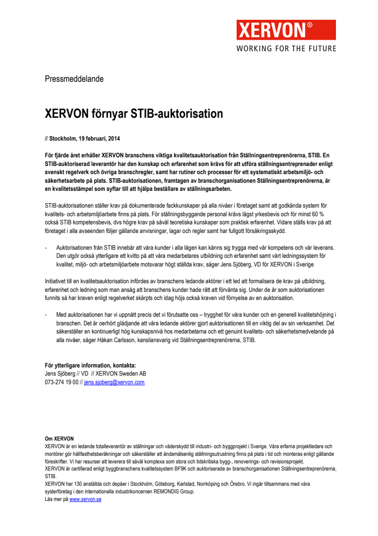 XERVON förnyar STIB-auktorisation 