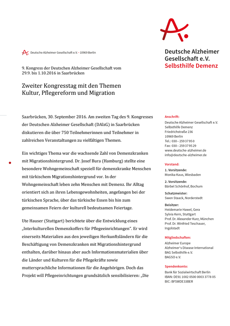 Zweiter Kongresstag in Saarbrücken mit den Themen Kultur, Pflegereform und Migration