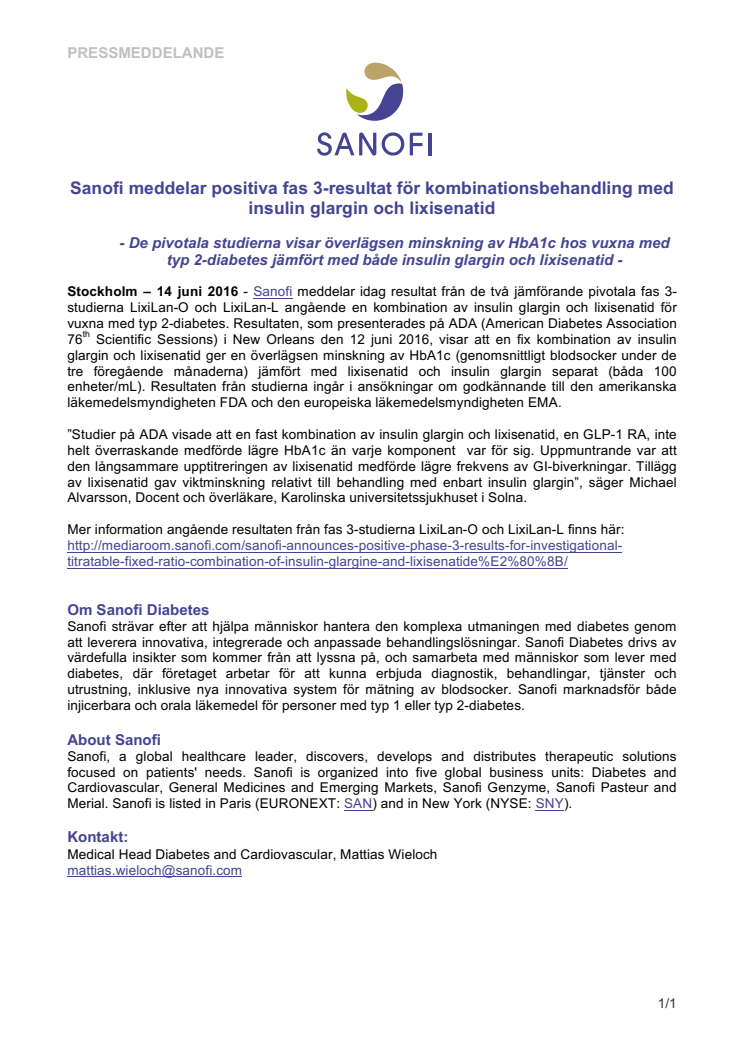 Sanofi meddelar positiva fas 3-resultat för kombinationsbehandling med insulin glargin och lixisenatid 