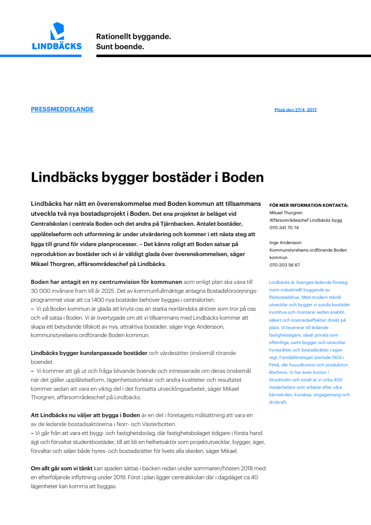 Lindbäcks bygger bostäder i Boden