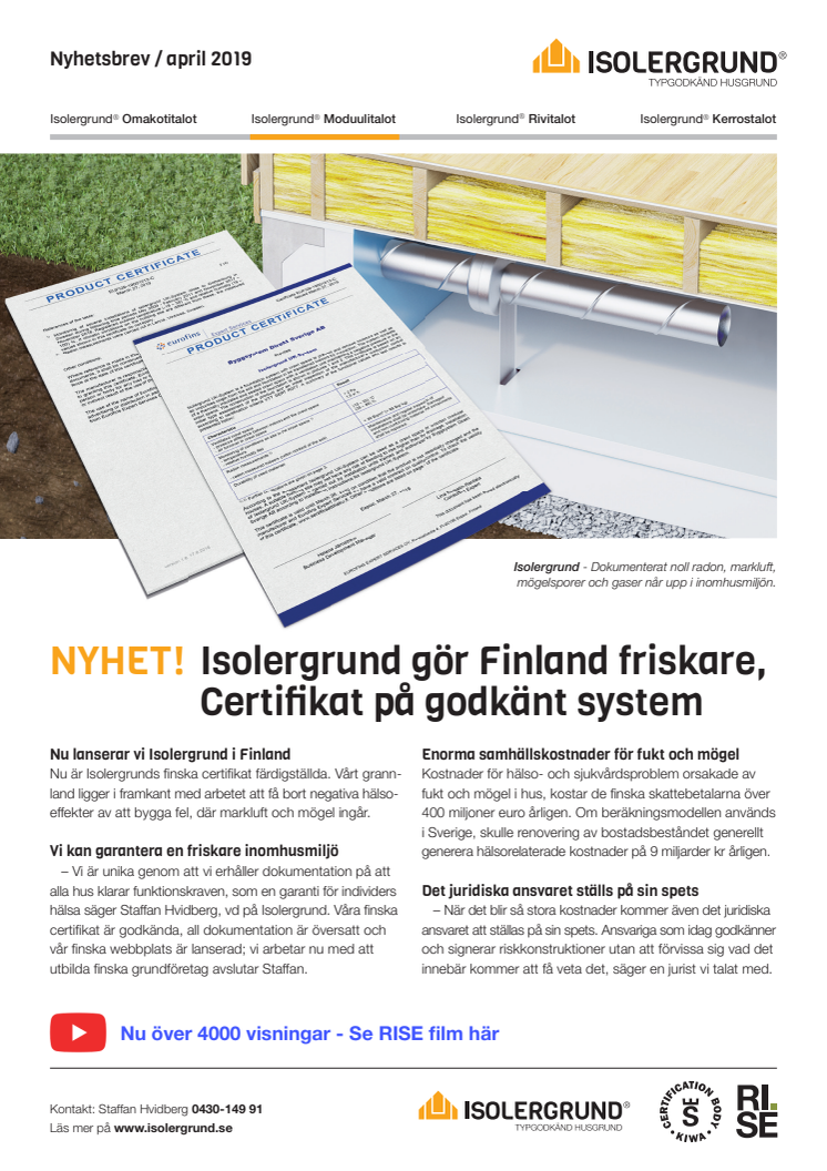 Isolergrund gör Finland friskare - Certifikat på godkänt system