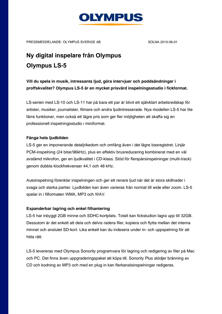Olympus LS-5 - Ny digital inspelare från Olympus 
