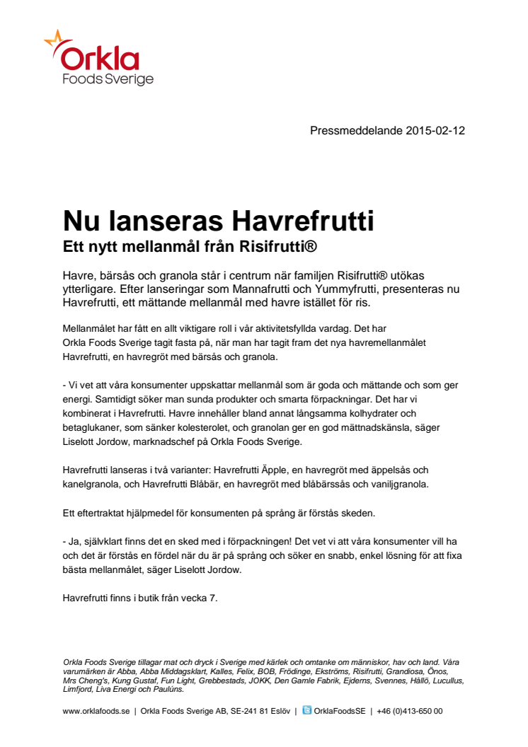 Nu lanseras Havrefrutti - ett nytt mellanmål från Risifrutti®