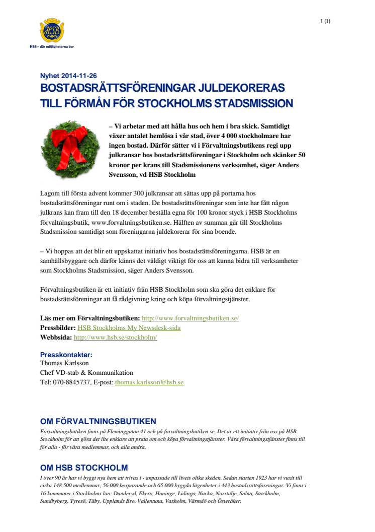 Bostadsrättsföreningar juldekoreras till förmån för Stockholms Stadsmission