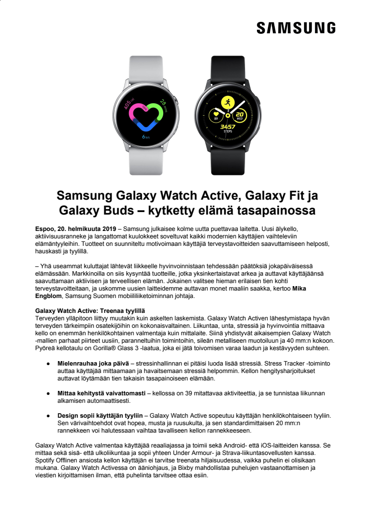 Samsung Galaxy Watch Active, Galaxy Fit ja Galaxy Buds – kytketty elämä tasapainossa