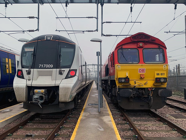 GTR's Class 717 Great Northern train stood alongside DB Cargo UK's Class 66 locomotive at GTR’s Hornsey depot