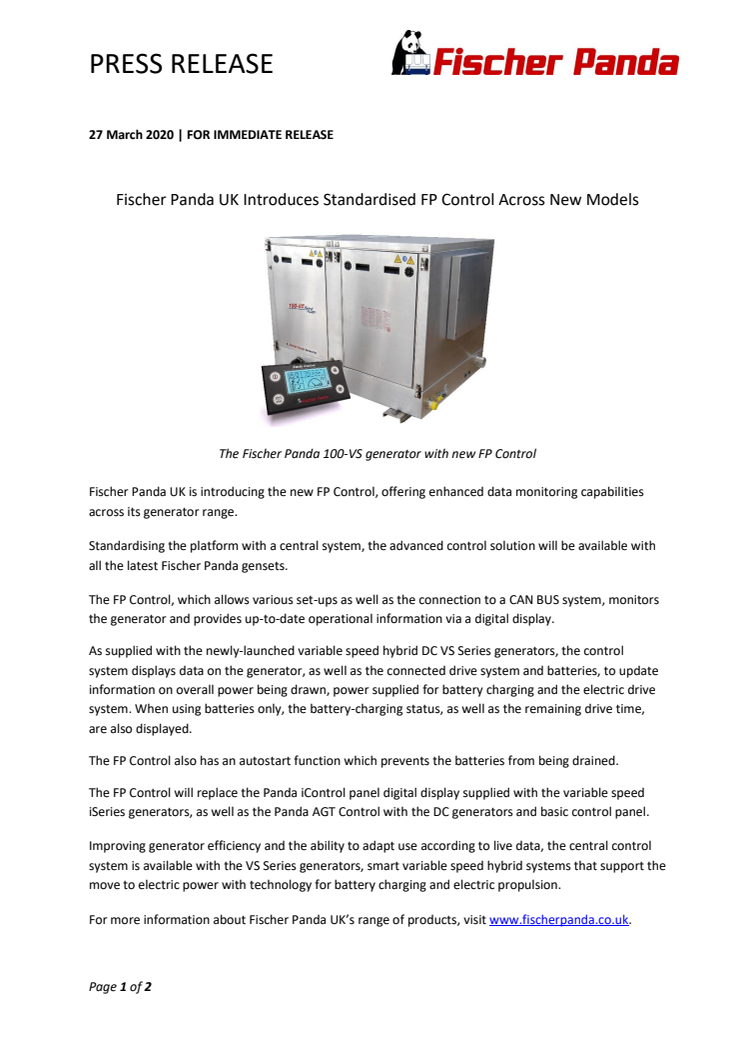 Fischer Panda Introduces Standardised FP Control Across New Models