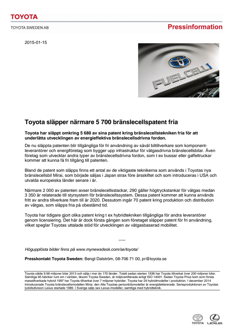 Toyota släpper närmare 5 700 bränslecellspatent fria