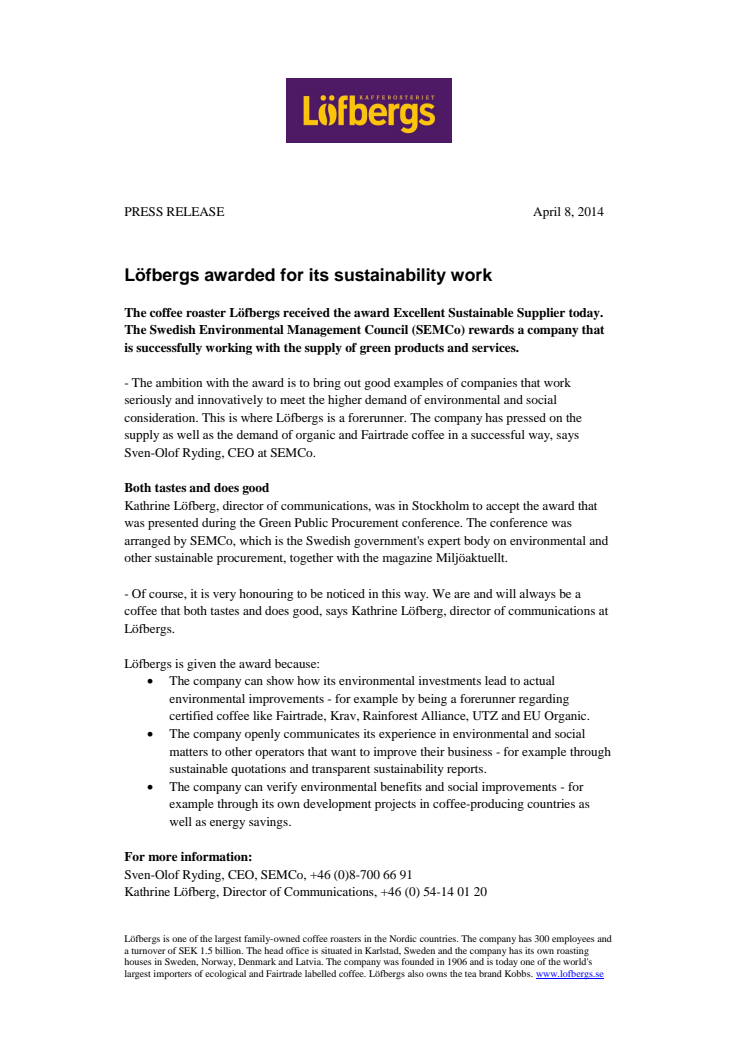 Löfbergs awarded for its sustainability work