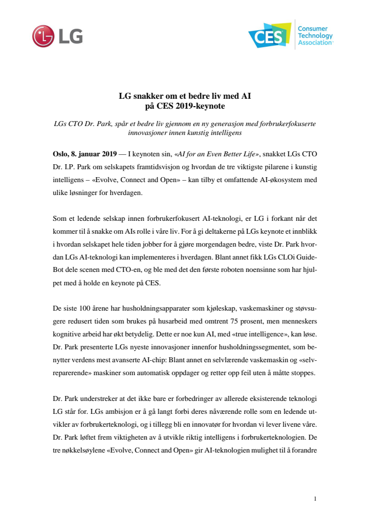 LGs CTO Dr. Park, spår et bedre liv gjennom en ny generasjon med forbrukerfokuserte innovasjoner innen kunstig intelligens