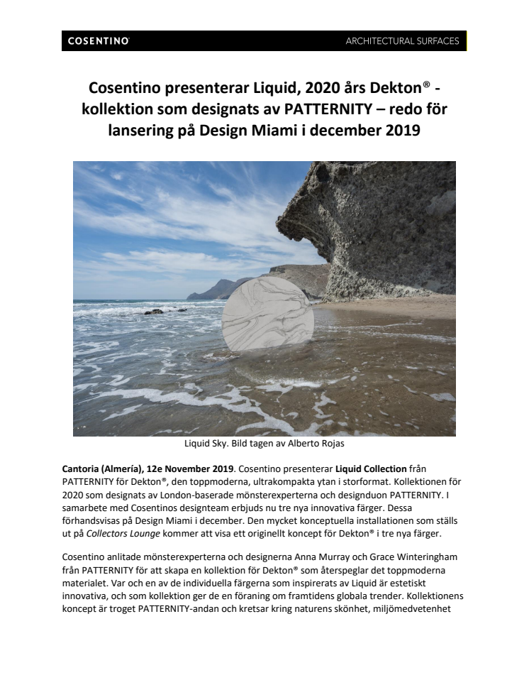 Cosentino presenterar Liquid, 2020 års Dekton®-kollektion som designats av PATTERNITY