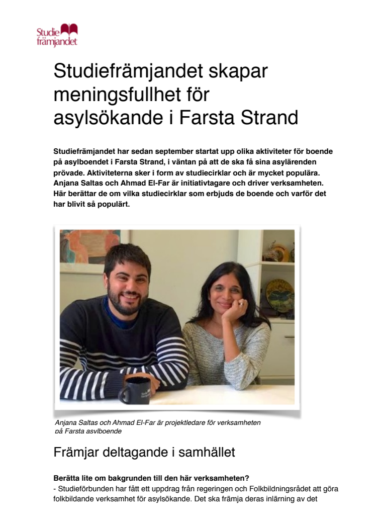 Intervju – Studiefrämjandet skapar meningsfullhet för asylsökande i Farsta Strand 