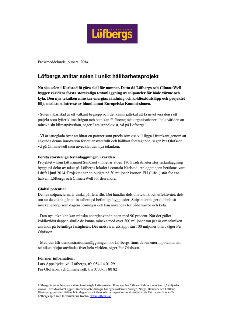 Löfbergs anlitar solen i unikt hållbarhetsprojekt 
