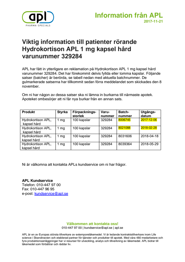 Indragning av Hydrokortison 1 mg kapsel hård - Information till patient
