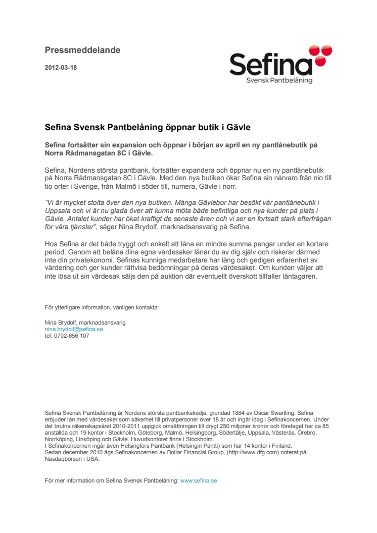Sefina Svensk Pantbelåning öppnar butik i Gävle