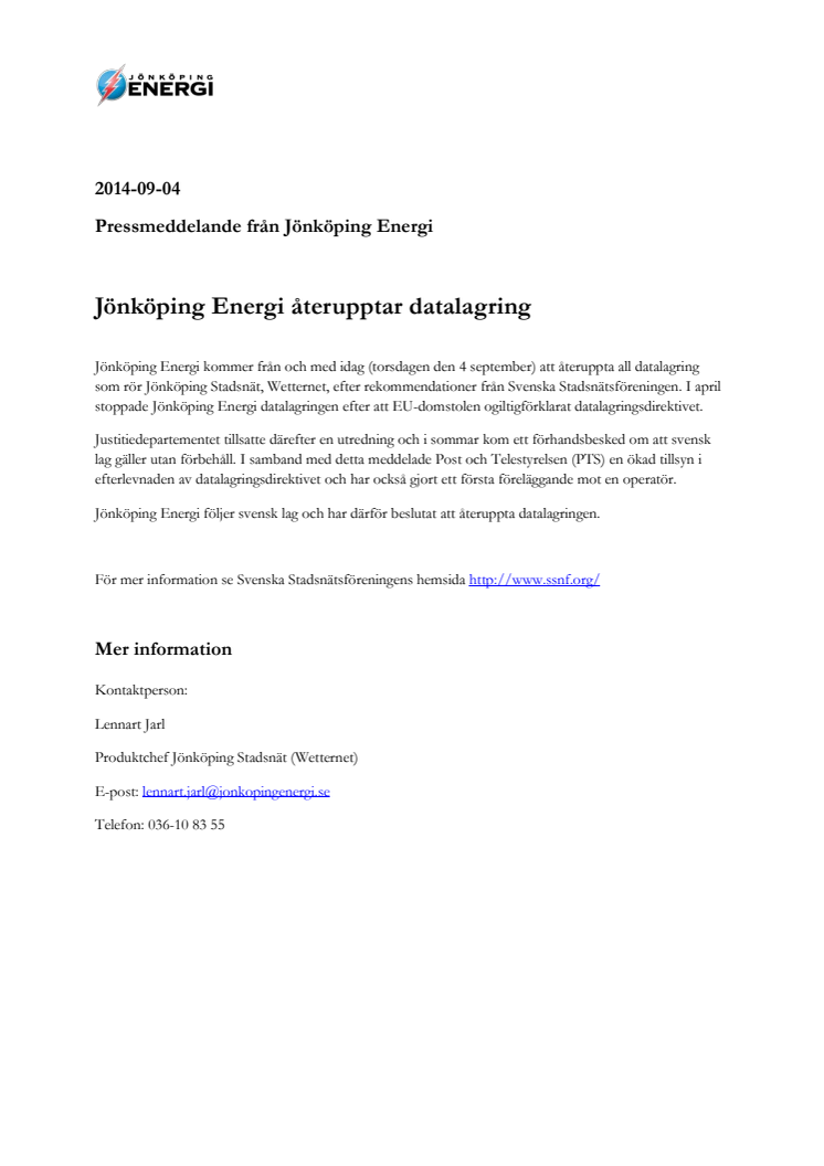Jönköping Energi återupptar datalagring