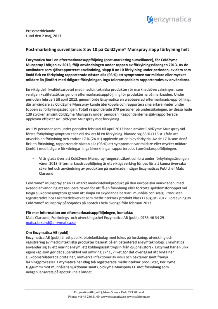 Post-marketing surveillance: 8 av 10 på ColdZyme® Munspray slapp förkylning helt