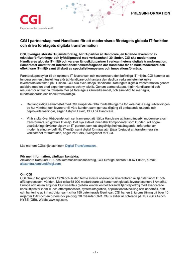 CGI i partnerskap med Handicare för att modernisera företagets globala IT-funktion och driva företagets digitala transformation