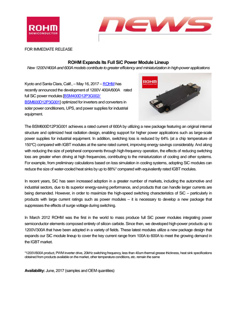 ROHM Expands Its Full SiC Power Module Lineup --- New 1200V/400A and 600A models contribute to greater efficiency and miniaturization in high-power applications