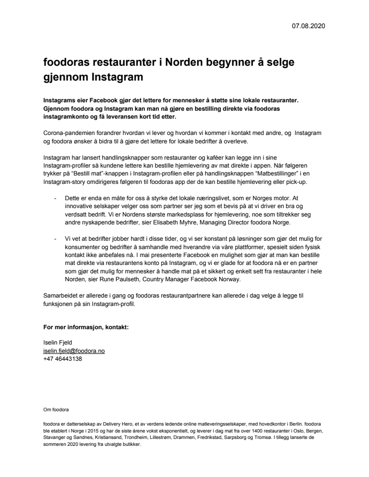 foodoras restauranter i Norden begynner å selge gjennom Instagram