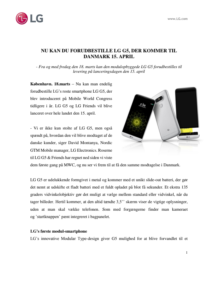 NU KAN DU FORUDBESTILLE LG G5, DER KOMMER TIL DANMARK 15. APRIL