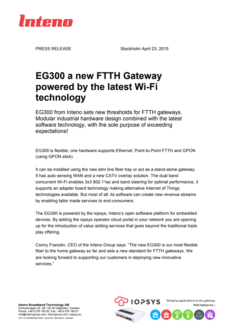 EG300 a new FTTH gateway powered by the latest Wi-Fi technology 