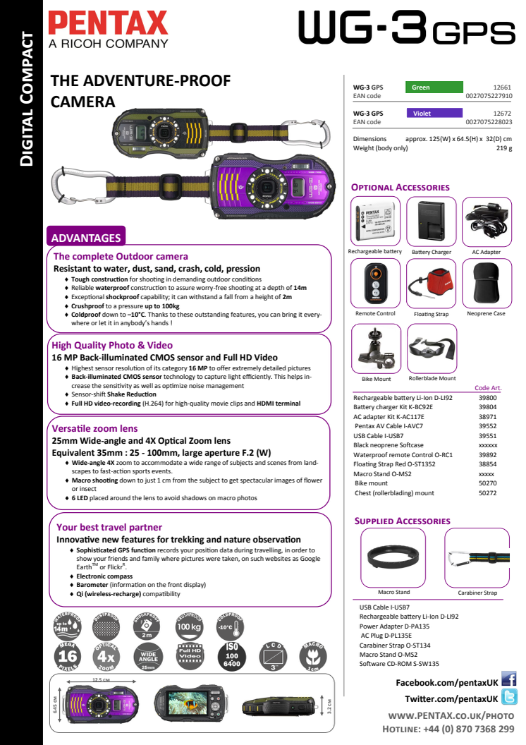 Pentax WG-3 GPS tekniset tiedot