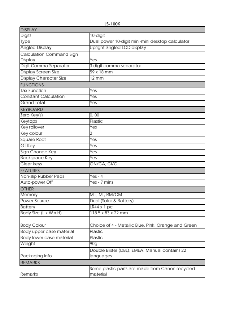 Canon Tekniska specifikationer LS-100K