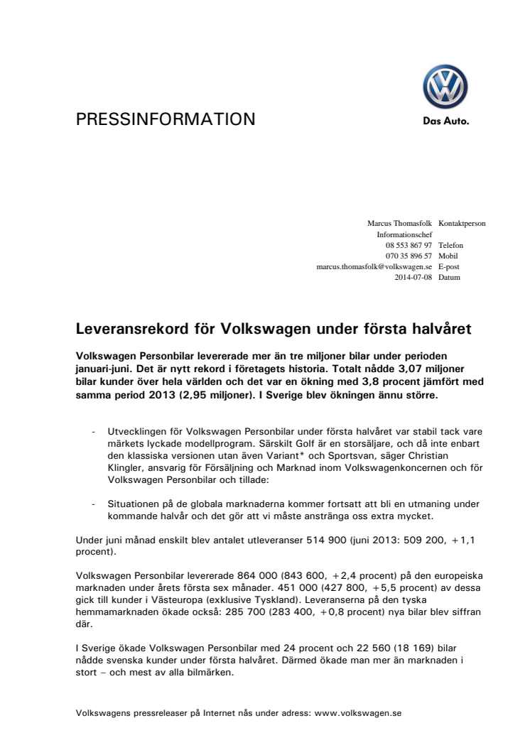 Leveransrekord för Volkswagen under första halvåret
