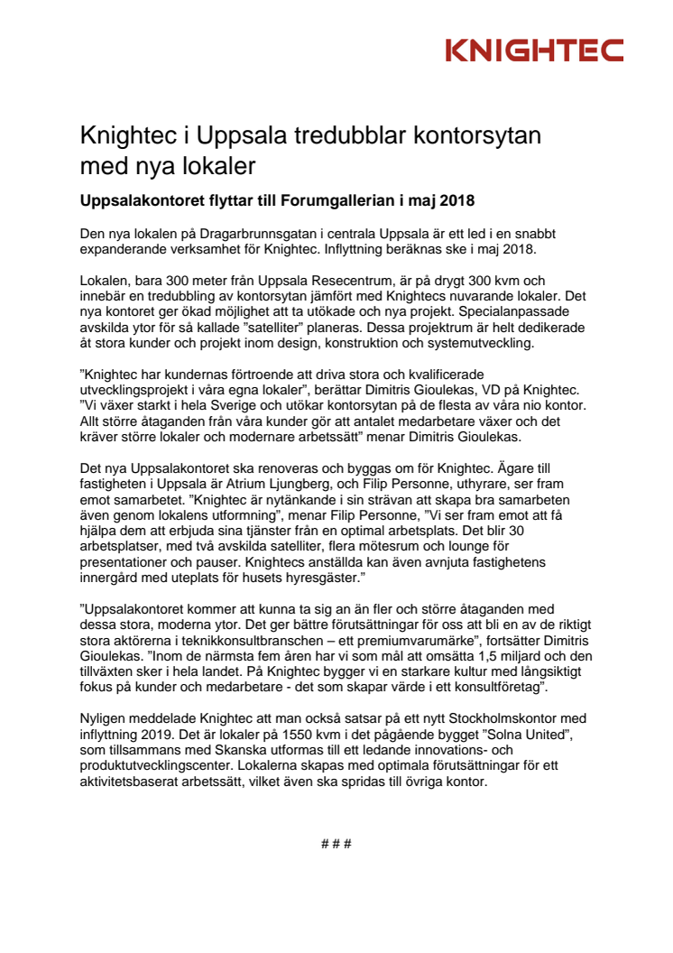 Knightec i Uppsala tredubblar kontorsytan  med nya lokaler 
