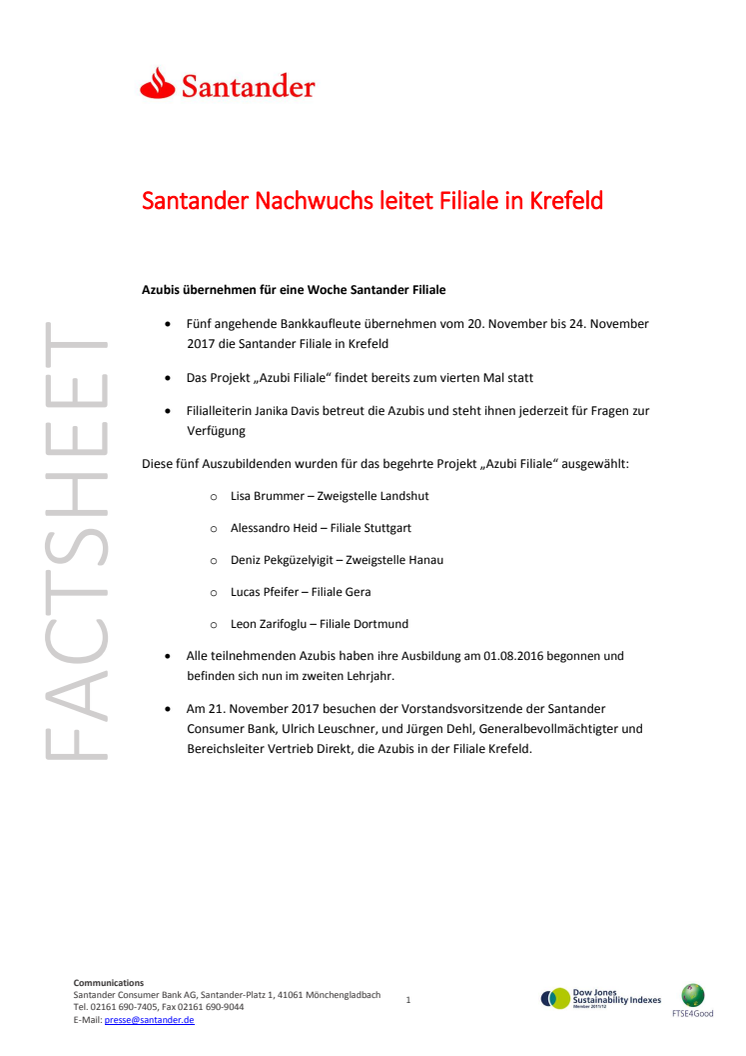 Santander Nachwuchs leitet Filiale in Krefeld