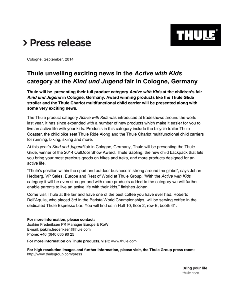 Thule unveiling exciting news in the Active with Kids category at the Kind und Jugend fair in Cologne, Germany