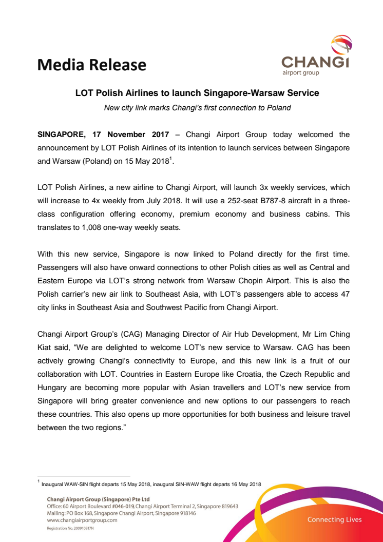 LOT Polish Airlines to launch Singapore-Warsaw Service