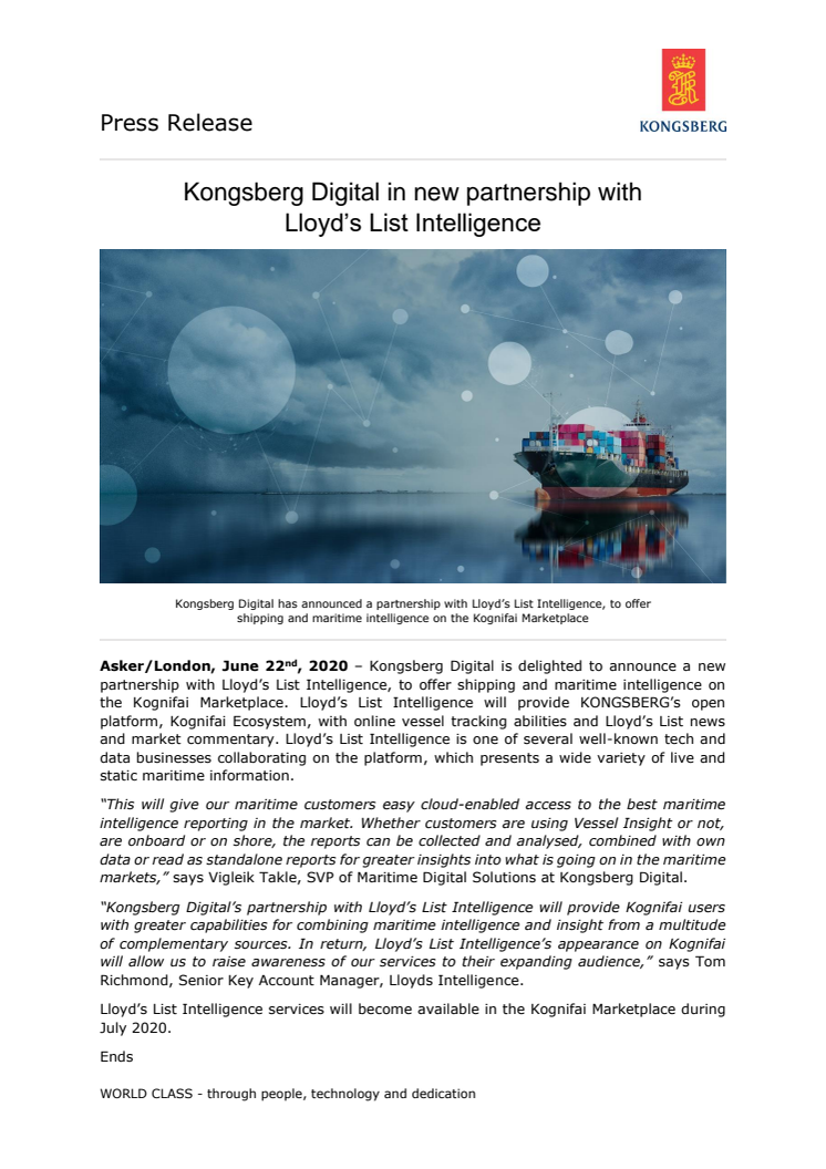 Kongsberg Digital in new partnership with Lloyd’s List Intelligence