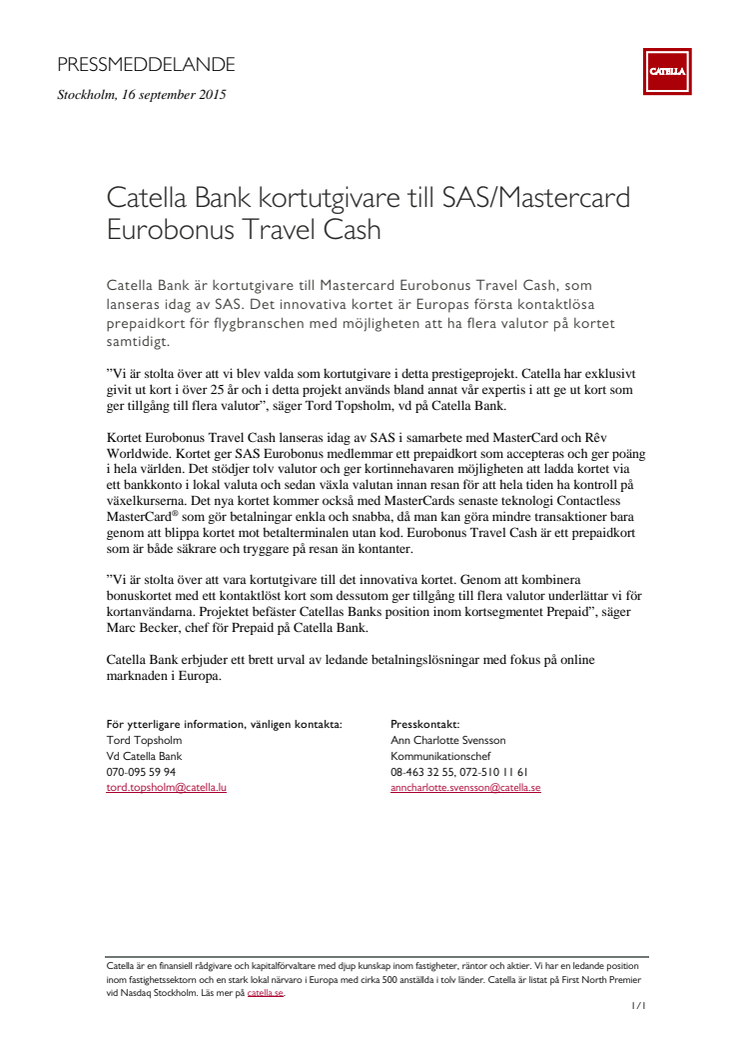 Catella Bank kortutgivare till SAS/Mastercard Eurobonus Travel Cash