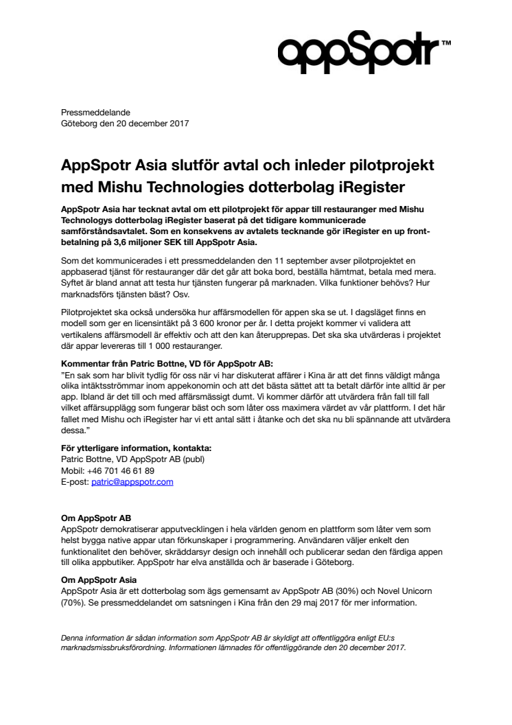 AppSpotr Asia slutför avtal och inleder pilotprojekt med Mishu Technologies dotterbolag iRegister